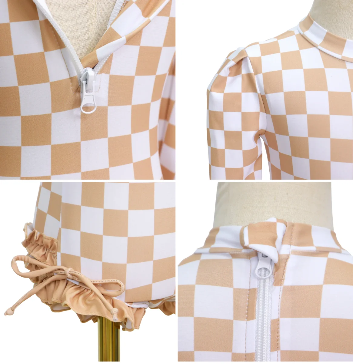Badpak Lange Mouw Beige en Wit Geblokt met Ruches Meisjes - Afbeelding 8